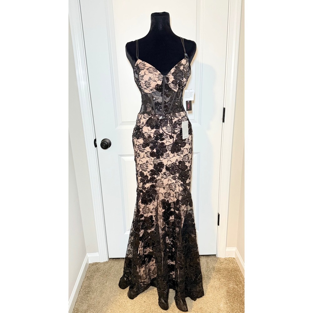 NWT Blondie Nites Black Sequin Lace Corset Mermaid Prom Dress Nude Lining Size 7